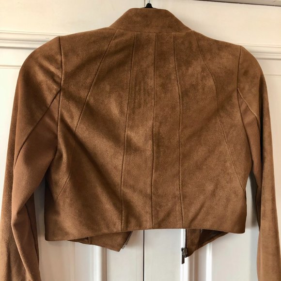 BCBGMaxAzria Vintage Cropped Vegan Suede Toffee Brown Moto Jacket - Size XXS - Picture 3 of 15